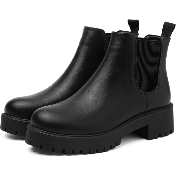 Girls Black Pull-On Fall Chelsea Boots Water-Resistant PU Ankle Heel Boots - Picture 3 of 7